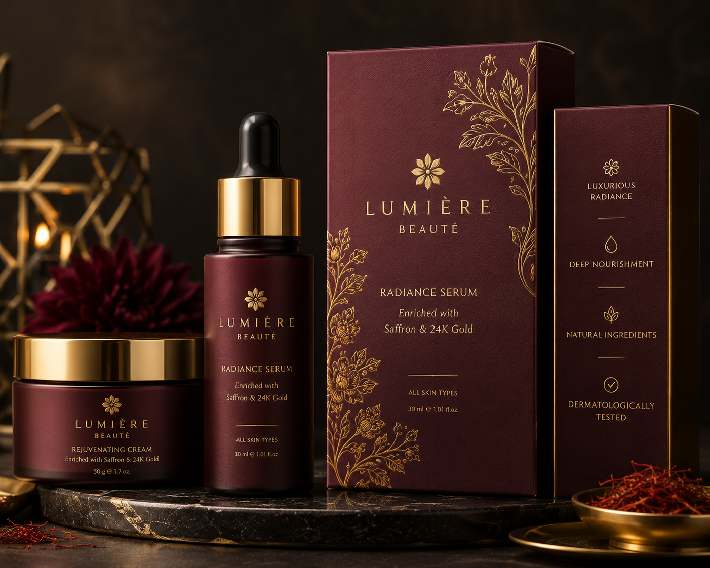 Cosmetics packaging with elegant foil embellishment.