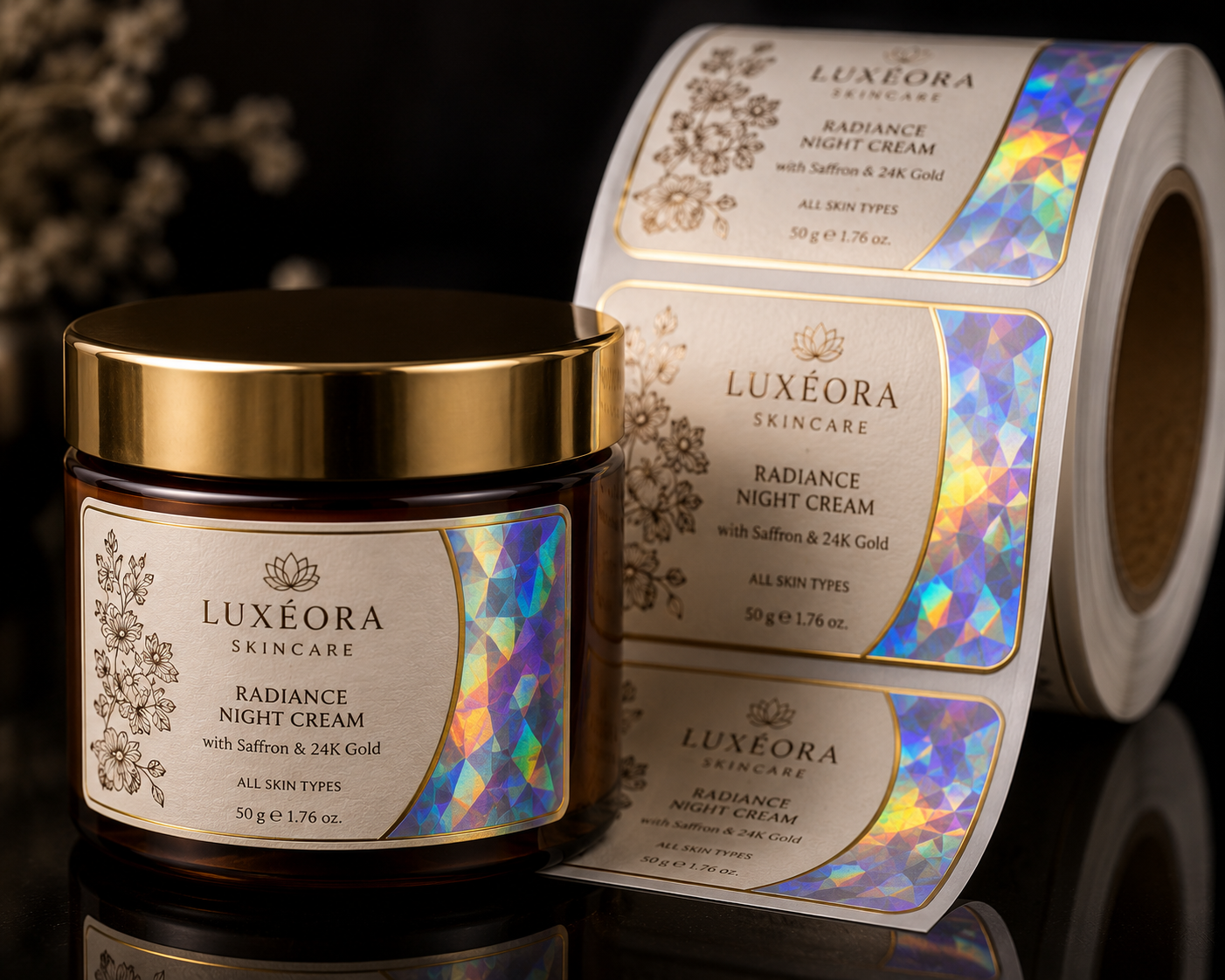 Round holographic label with rainbow foil effect.