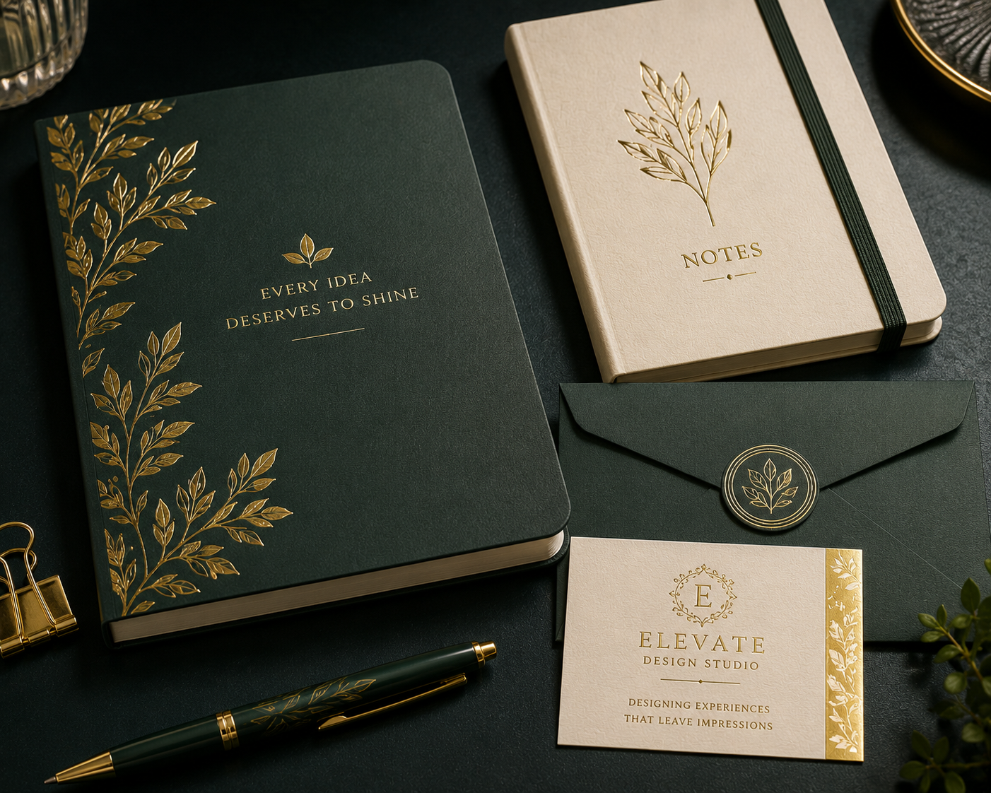 Corporate stationery set enhanced with foil detailing.