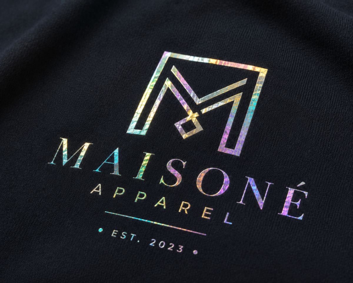 Textile branding application featuring foil decoration.