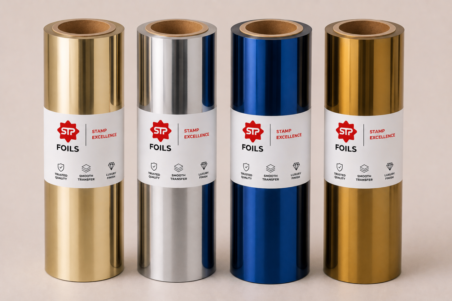 Standing cold foil rolls with 3-inch cores in silver, blue, gold and dark gold on a light neutral background.