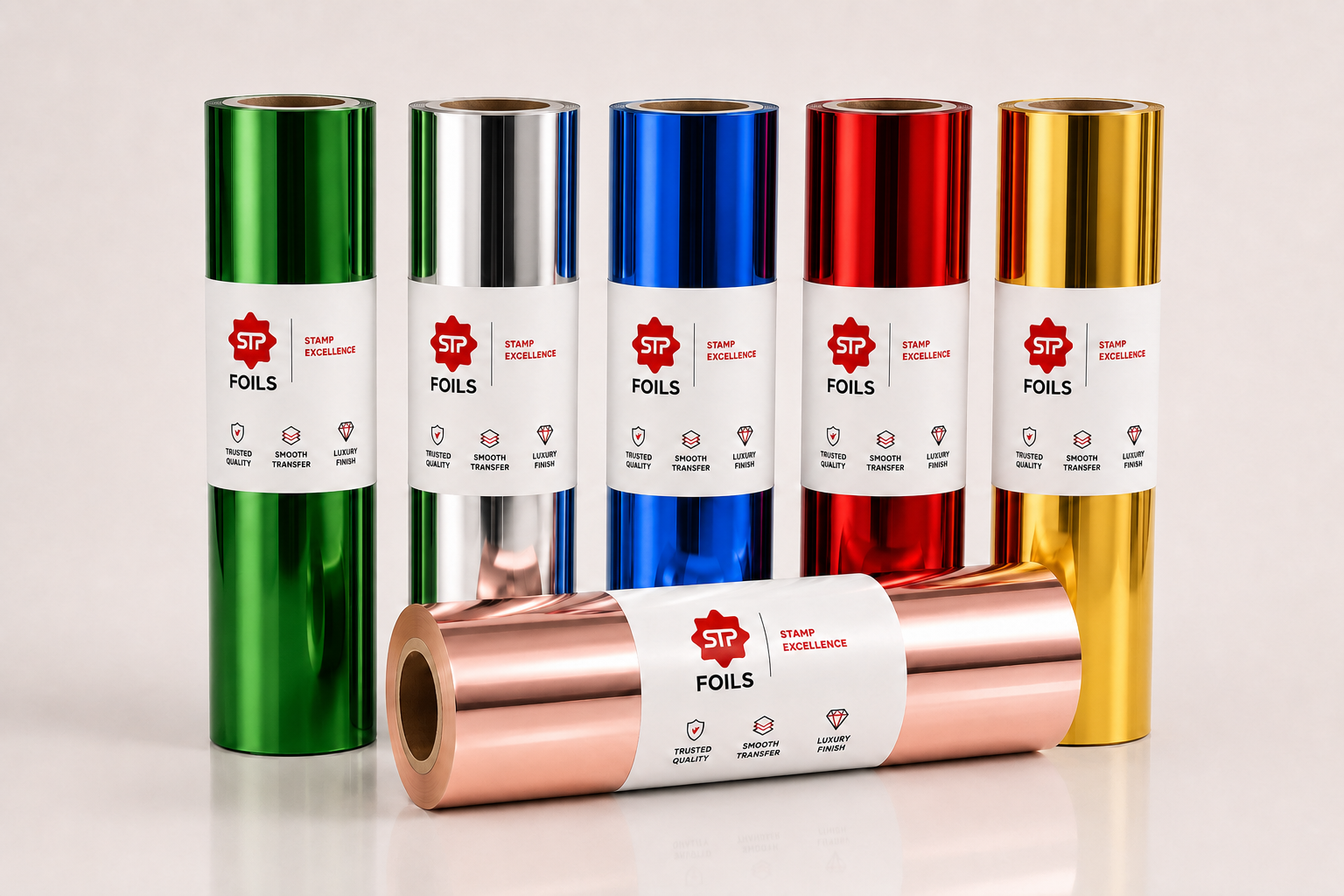 STP Foils metallic foil rolls in gold, silver, red, green and blue on a light neutral background.