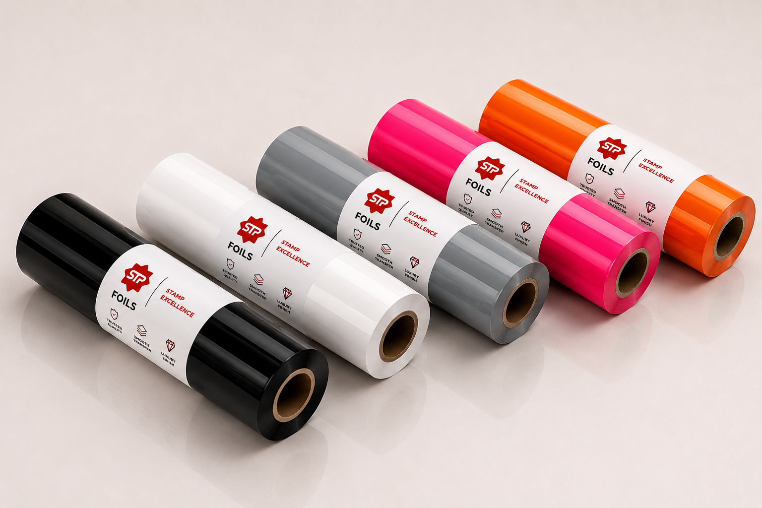 STP Foils pigment foil rolls in black, white, grey, orange and pink with a matte-semi matte appearance.